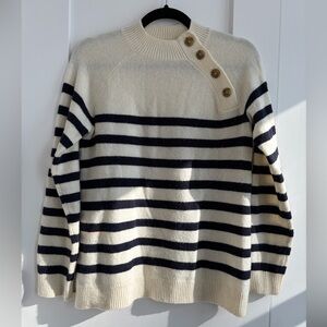 L.L. Bean Signature Women’s Wool Sweater White Navy Stripe Button Neck Size XS